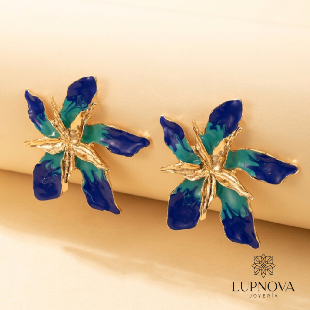 Aretes flor tridimensional voluminoso azul